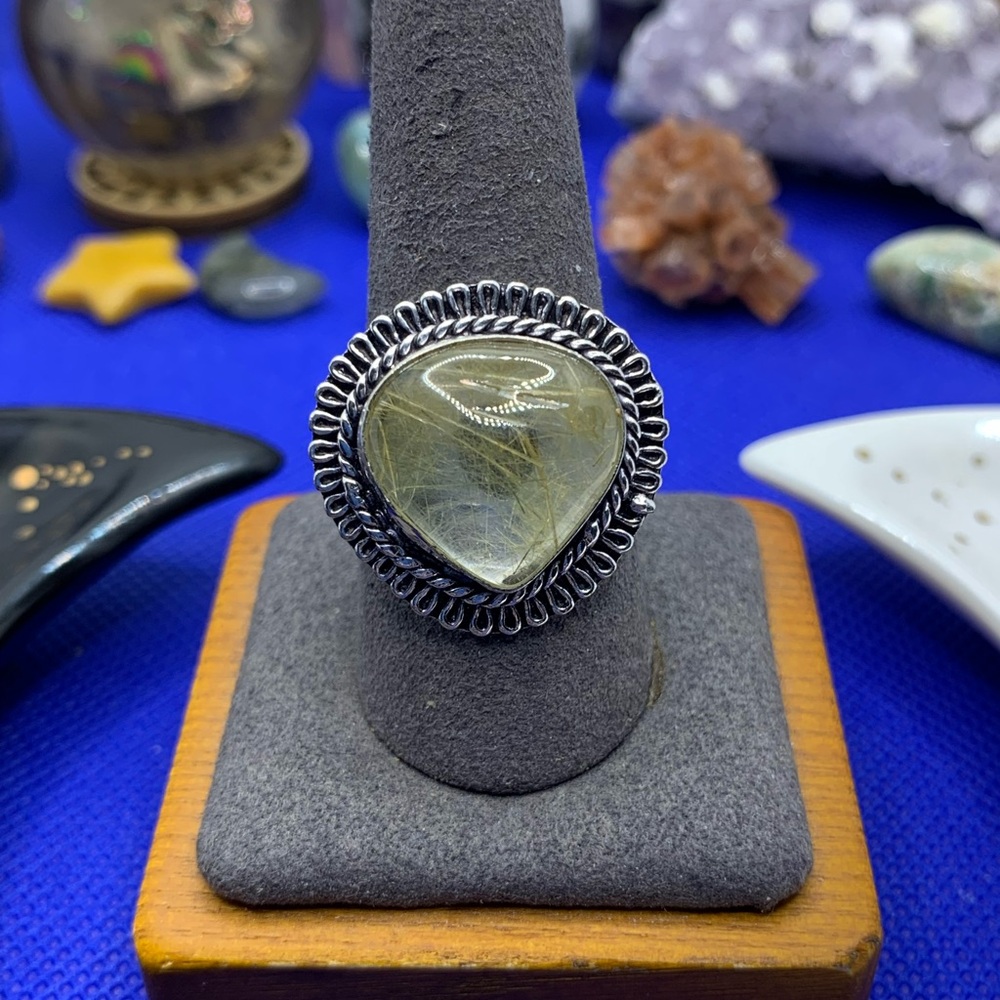 Sunny Golden Rutilated Quartz Ring, 925 Sterling Overlay, Handmade, Size 10.75!